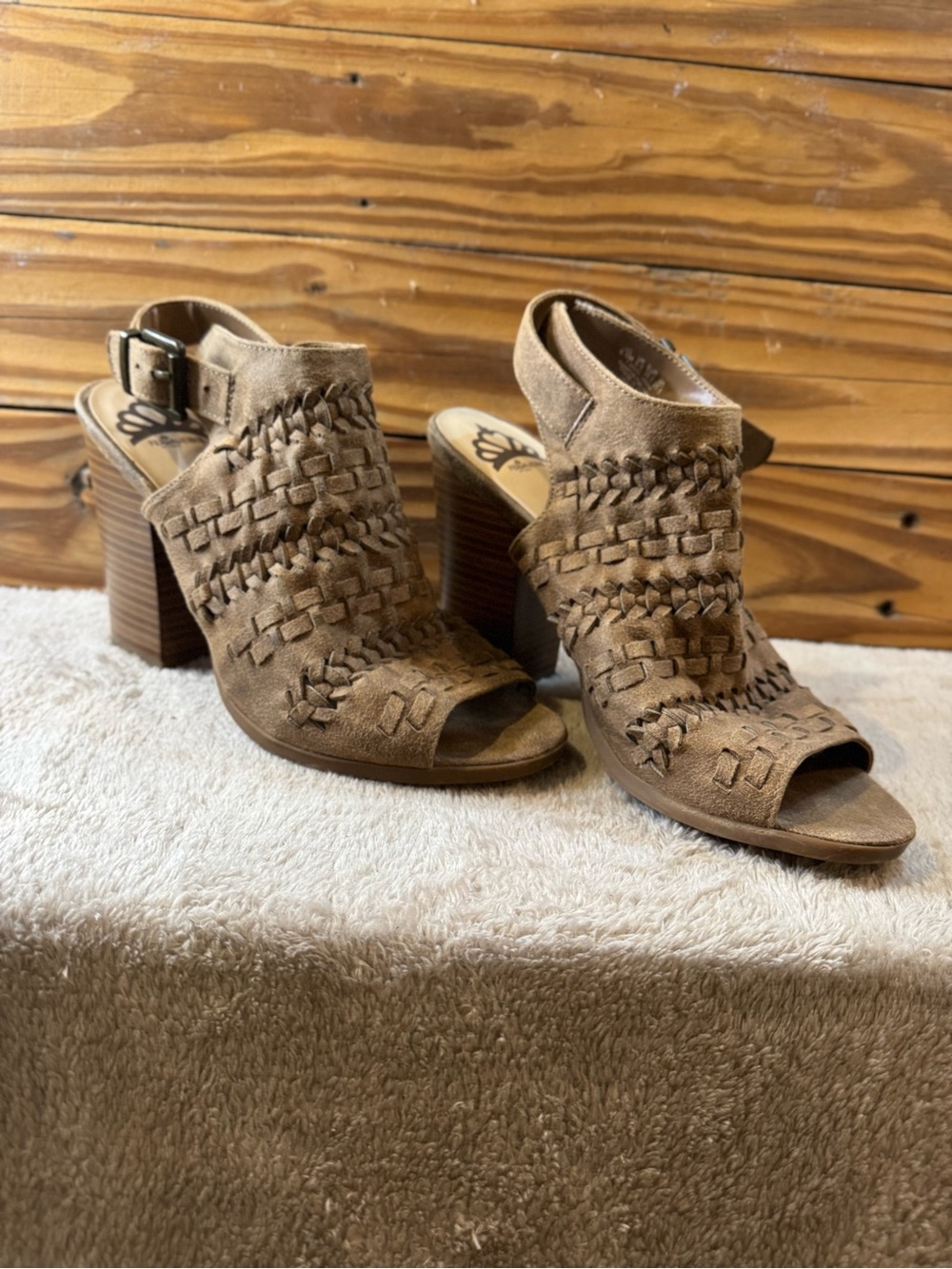 Fergalicious Woven Suede Open-Toe Block Heels in Brown